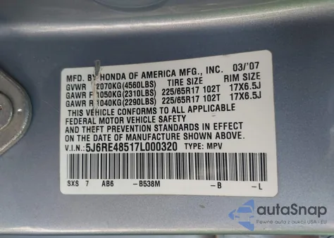 2007 Honda Cr-V Ex from USA, damaged, VIN 5J6RE48517L000320
